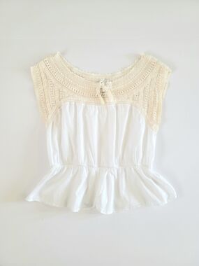 Anthropologie HD in Paris White and Ivory Peplum Cotton Crochet Top, Size 6